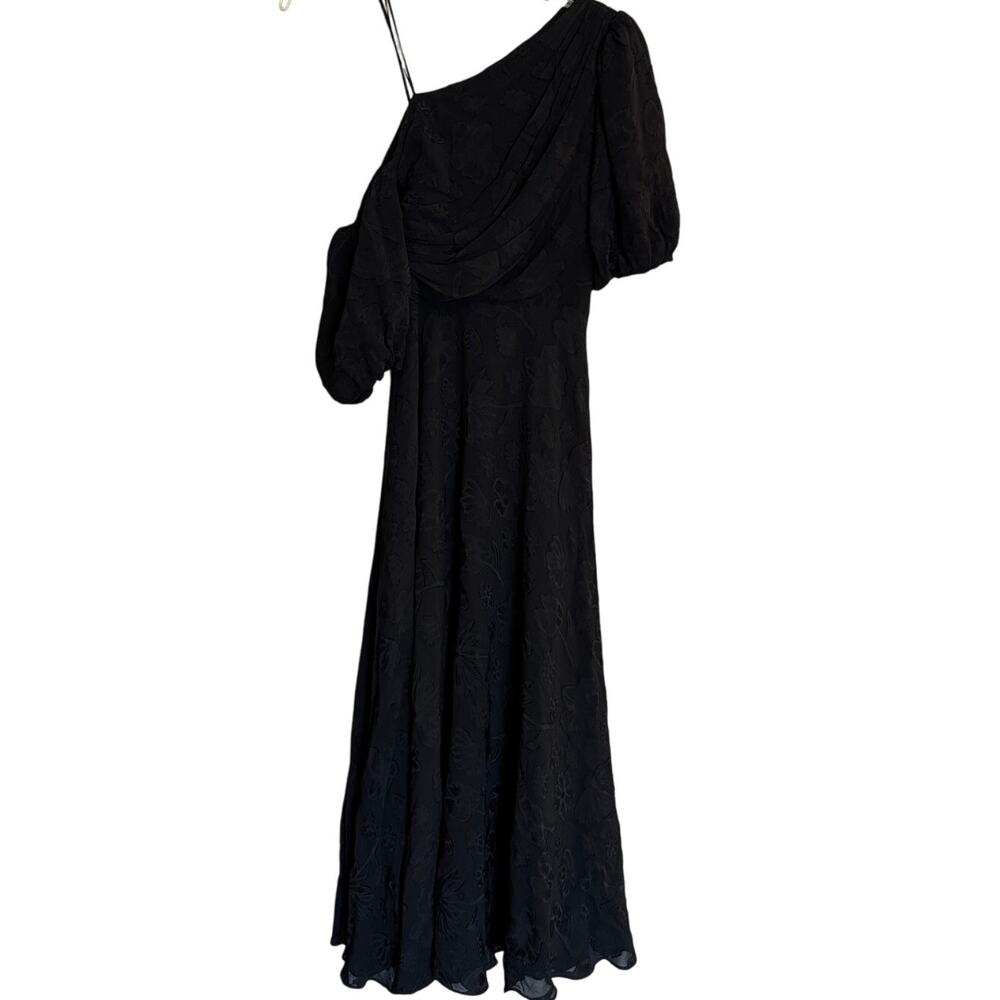AMUR Women's Size 2 Black Floral Jacquard One Shoulder Puff Sleeve Maxi Dress